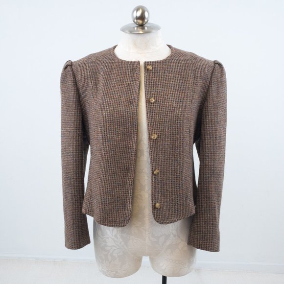 Vintage 70s M Cropped Tweed Blazer Jacket Brown - Picture 7 of 12